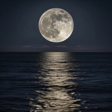 A full moon is seen over the ocean. © tilialucida