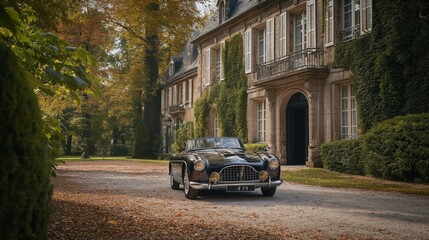 Classic Cabrio Car parked in front of a mansion - Generative AI
