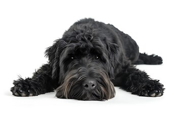 Black Russian Terrier dog laying down on a white background, in the style of classicist portraiture

