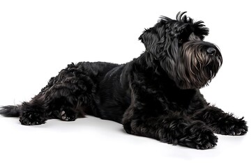 Black Russian Terrier dog laying down on a white background, in the style of classicist portraiture

