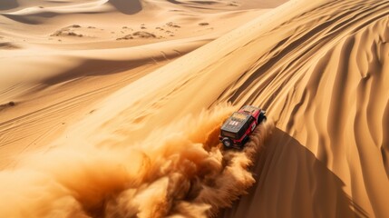Car racing through sand dunes with dust swirling up - Generative AI
