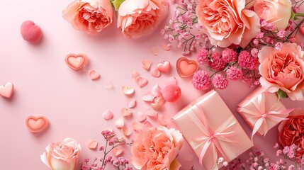 A creative floral backdrop with pink roses, petal gifts, and hearts, showcasing the sweet elegance of magenta cut flowers.