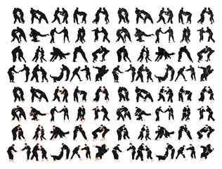 Silhouettes of 80 sports couples judoka fighter. Judoist, judoka, athlete, duel, fight, judo, isolated vector