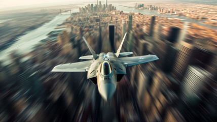 Jet Fighter Soaring Over Urban Landscape - obrazy, fototapety, plakaty
