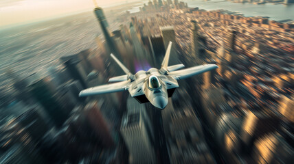 Jet Fighter Soaring Over Urban Landscape - obrazy, fototapety, plakaty