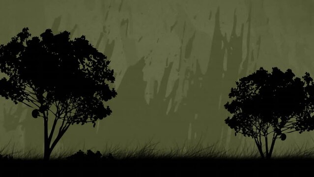 Animation of silhouetted trees and grass over green scratch texture background