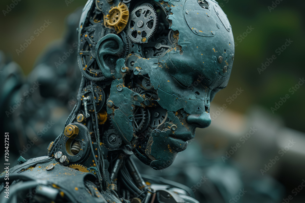 Poster a figure with clockwork mechanisms replacing body parts, visualizing the mechanistic aspects of cogn