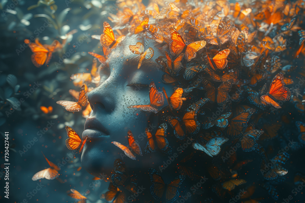 Poster an individual with a head dissolving into a swarm of butterflies, symbolizing the fleeting and trans