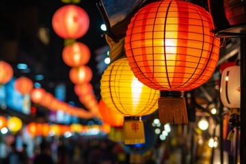 Brightly lit lanterns, festive atmosphere, in a bustling night market