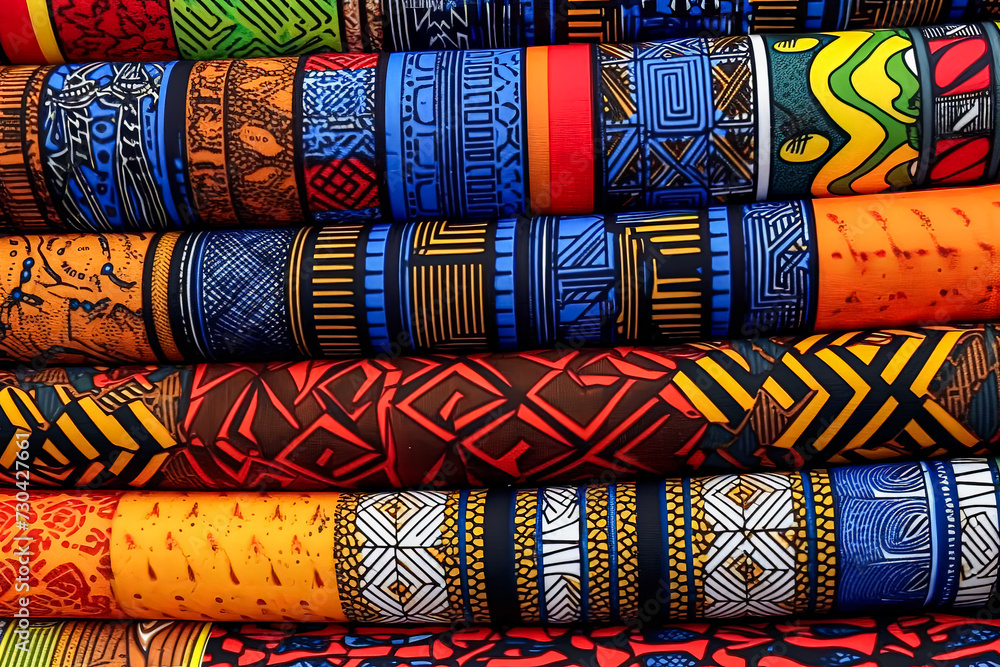 Poster an array of fabric rolls adorned with intricate and colorful african designs