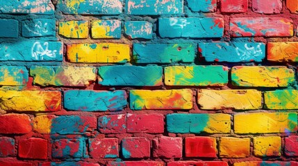 Colorful abstract graffiti tags on a brick wall background