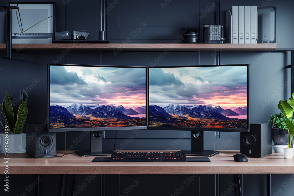 Poster a dual-monitor setup with an organized desk, tailored for multitasking and efficiency. concept of te
