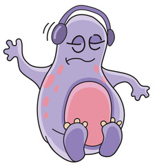 Modern cartoon illustration of a monster wearing headphones listening to music on a white background. Vector isolated illustration. Cute character