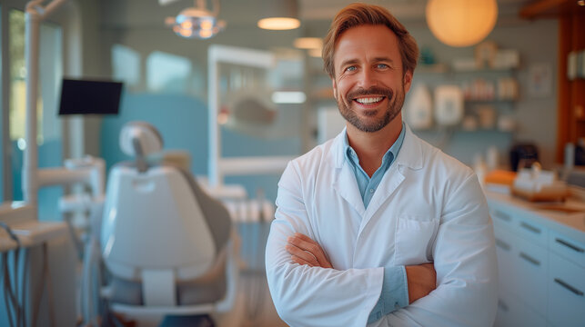 Dentist smiles in dress shirt offering exceptional customer service.