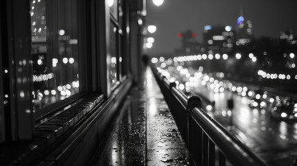 Black and white background raindrops on glass with night city view