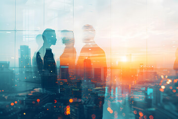 Business people together in group on background of city view with office building