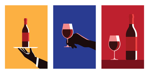 Retro vector illustrations of a cup, a glass, a bottle of red wine, wine on a date, at parties, in a restaurant and various events.