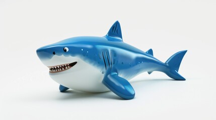 A blue and white toy shark with its mouth open. Funny cute inflatable toy on white background.