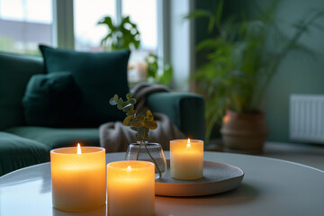 Candle on a table green background