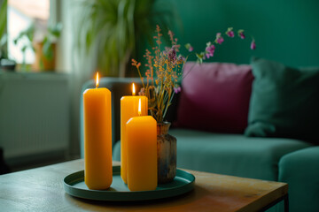 Candle on the table green couch