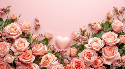 Creative arts featuring various pink roses and heart shape on a pink background, perfect for flower arranging and bouquets.