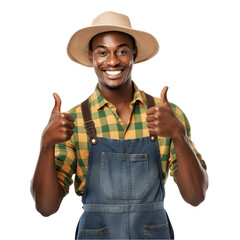 Cheerful mature Afro American farmer man posing and smiling at camera, worker in an hat png format on transparent background Fictional Person