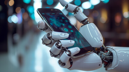 Robot hand holding smartphone, advanced technology