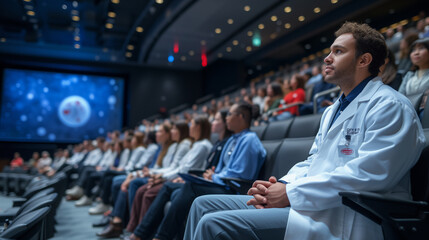 Medical students and interns absorbing knowledge from professionals at conference.