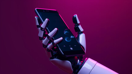 Robot hand holding smartphone, advanced technology