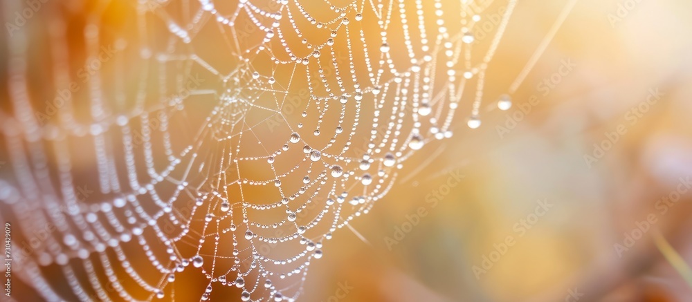 Poster macro soft focus effect captures close-up drops of morning dew in an autumn web on a cool, foggy mor