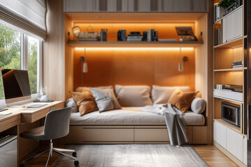 A multipurpose home office that transforms into a guest room, exemplifying versatility and practicality. Concept of multifunctional and space-efficient home offices. Generative Ai.