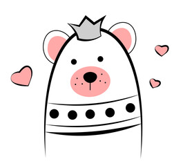 Bear wearing a crown on a white background. Doodle