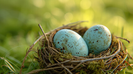 Naklejka na ściany i meble two eggs in a bird nest in a green grass