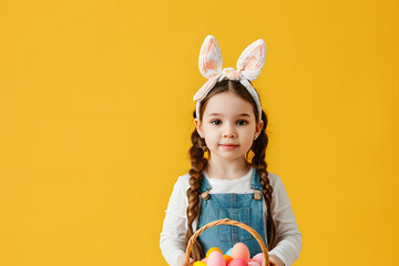 A cheerful girl with rabbit ears on her head with a basket of colored eggs in her hands on a yellow background