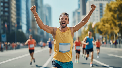 Man winning the marathon symbolizing success and reaching your dream