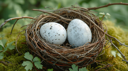 Naklejka na ściany i meble two eggs in a bird nest in a green grass