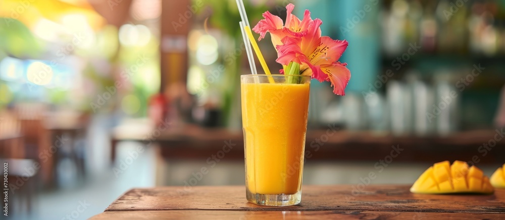 Canvas Prints selective focus on a wooden table with a gladiolus flower, there is a mango smoothie with drinking s