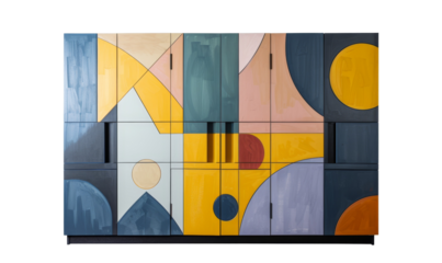 Abstract geometric patterns on a modern storage cabinet.