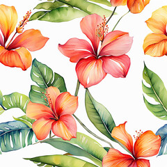 Hand drawn watercolor flower, tropical floral pattern and background, botanical seamless © nilawan