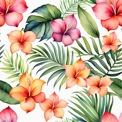 Hand drawn watercolor flower, tropical floral pattern and background, botanical seamless