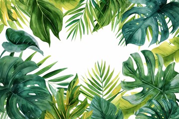 Fototapeta na wymiar Watercolor banner tropical leaves and branches isolated on white background.