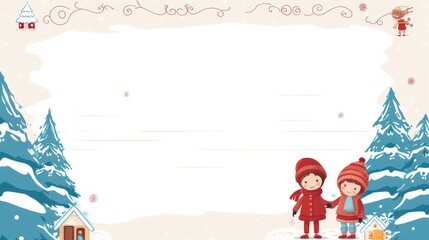 Greeting card template with blank space winter snow theme cartoon children	
