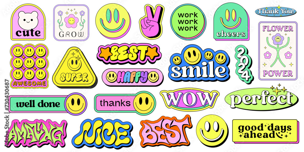 Poster set of cool y2k stickers vector design. collection of pop art patches. smile emoji graphic elements.