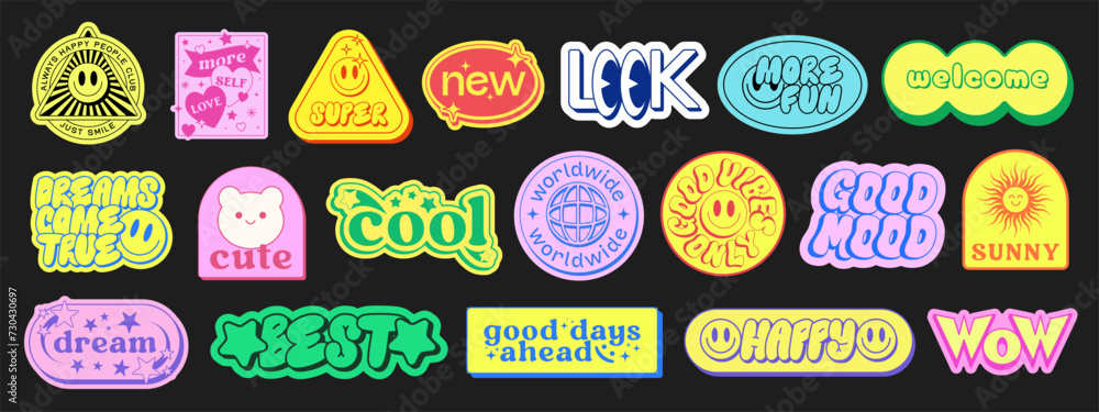 Poster set of cool y2k stickers vector design. collection of pop art patches. smile emoji graphic elements.