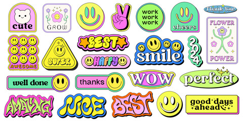 Set Of Cool Y2k Stickers Vector Design. Collection Of Pop Art Patches. Smile Emoji Graphic Elements. Groovy Badges. Graffiti Street Art Typography.