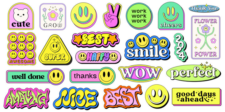 Set Of Cool Y2k Stickers Vector Design. Collection Of Pop Art Patches. Smile Emoji Graphic Elements. Groovy Badges. Graffiti Street Art Typography.