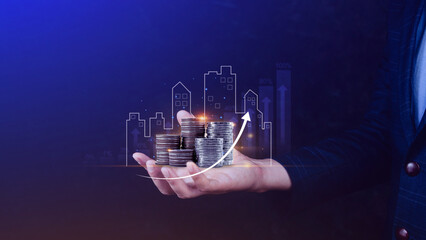 Real estate investment marketing analysis, Stack of coins with graph of business growth, Planning...