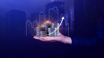 Real estate investment marketing analysis, Stack of coins with graph of business growth, Planning...