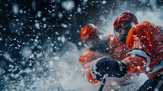 Hockey fight at the boards, bodycheck, rink of sport arena