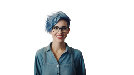 Portrait of a woman with glasses and blue hair isolated on a transparent background 